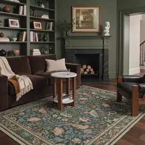 【Deals For You Days】GENIMO Boho Floral Area Rugs Botanical Vintage Bird Living Room Rug, Washable Rug Stain Resistant Non Slip, Low Pile Thin Soft Blue Green Throw Accent Carpet for Bedroom, Dining Room, Home Office