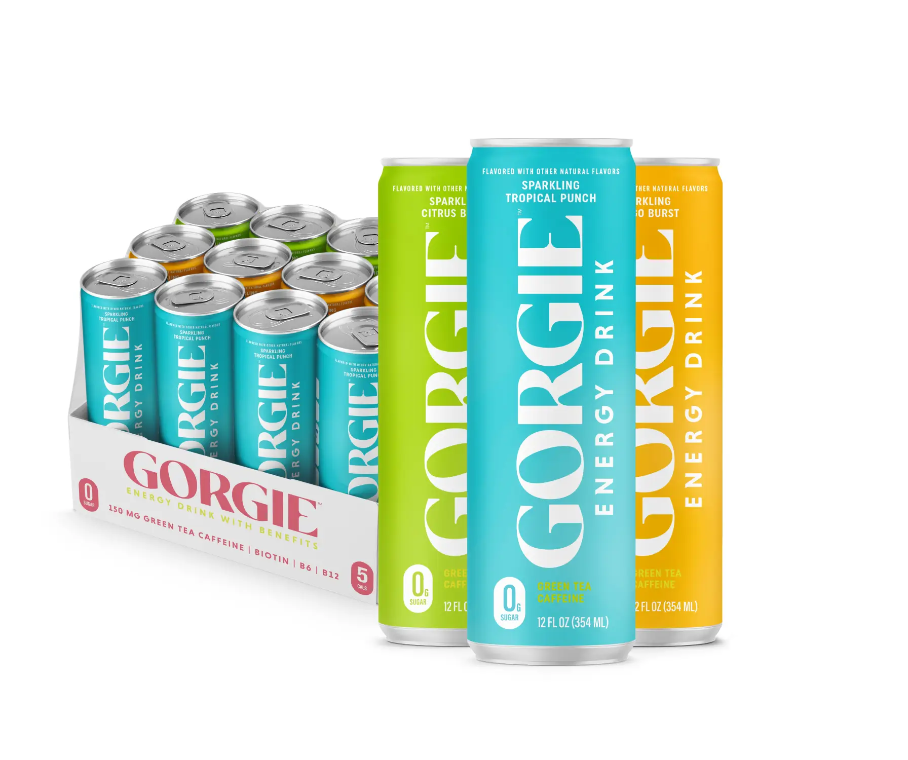 GORGIE Tropical Variety, Sugar-Free Natural Energy Drink Sparkling, Healthy Energy Drinks - Green Tea, Biotin, B Vitamins -150mg Caffeine, Vegan, & Lo