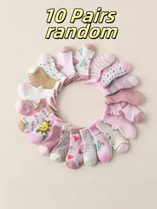 10 Pairs Heart Sun Stripe Floral Kids Socks, Sweet Dreamy Style, Soft Skin-Friendly, Daily Wear & Cute, Children Short Socks Set, Soft Comfy Socks