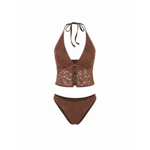 Cider Lace Halter Neckline Floral Cheeky Bikini Set With Beaded Detail