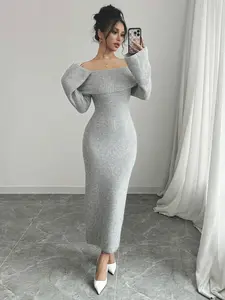 Women's Elegant Off-Shoulder Ribbed Knit Long Dress Solid Color Slim Fit Winter Maxi Dress for Cozy Winter Wear