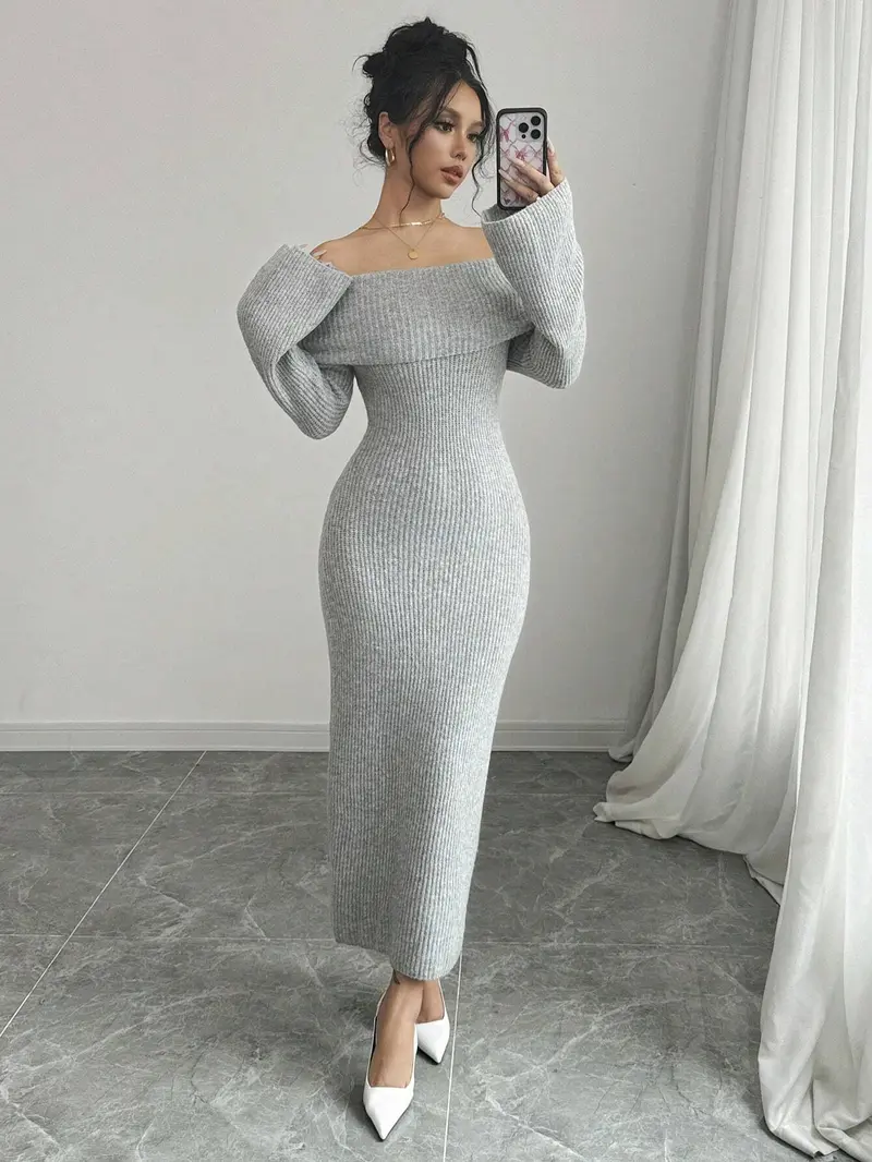 open lace back dress Black Ribbed Knit Off Shoulder Side Slit Sweater Dress – The Prissy Pelican main image 0
