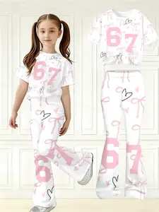 Girls' Two-Piece Set: Purple Floral Print Short-Sleeve T-Shirt and High-Waisted Flared Pants. Soft and breathable, suitable for spring, summer, and fall. Casual children's clothing for school, play, and everyday wear.