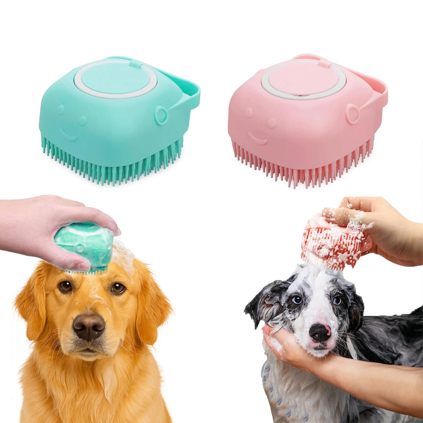 Pet Bathing 2-in-1 Clean Easy Grooming Brush for Dogs & Cats, Bath Massage Brush with Built-in Shampoo Dispenser & Adjustable Silicone Head (Blue, Pink), Easy Grooming Brushes