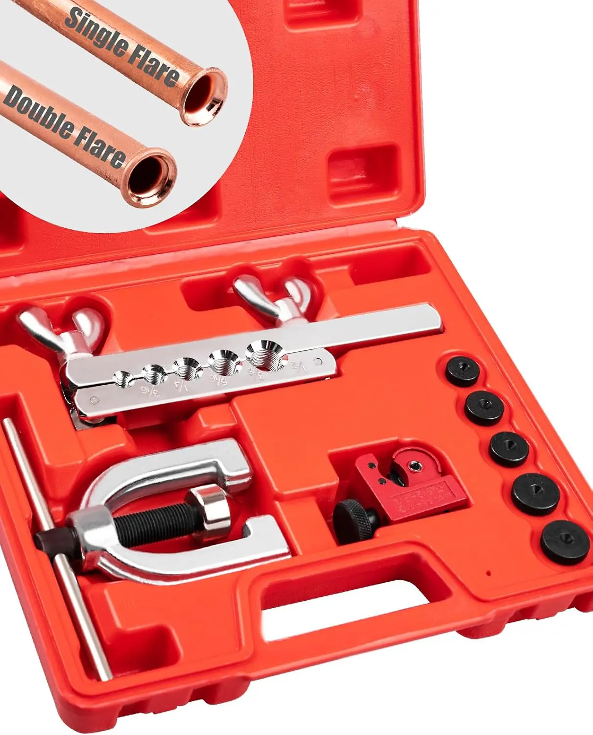 Brake Line Flaring Tool Kit with Tubing Cutter - Double & Single Flare Tool, 5 Adapters