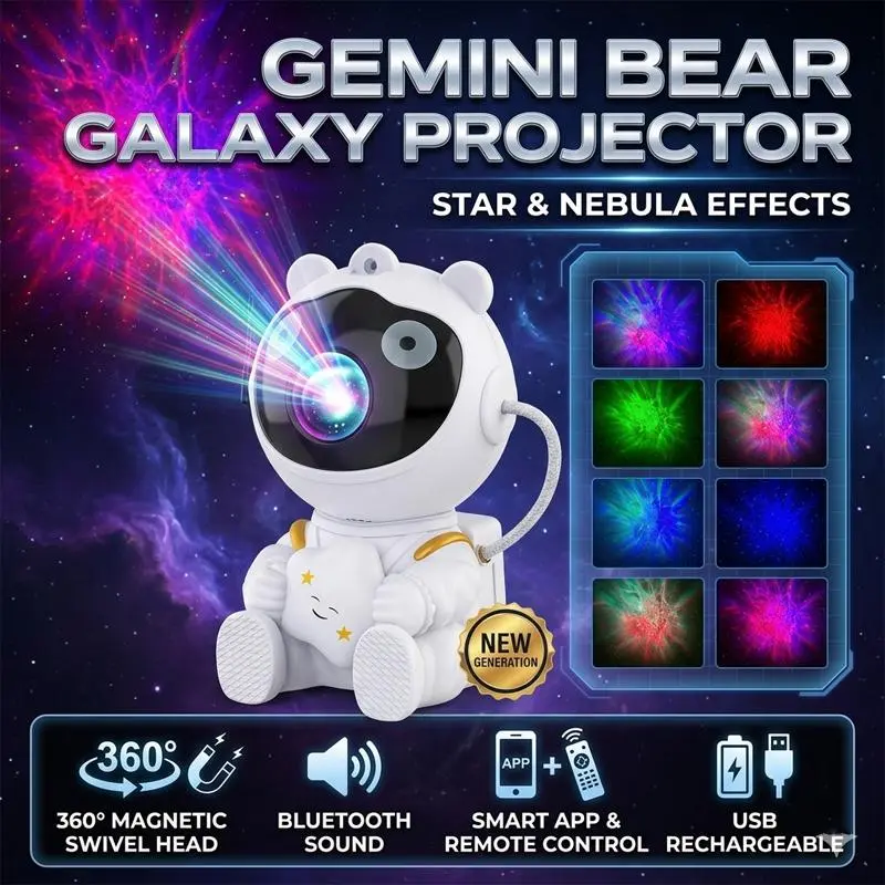 Projector Night Light, Astronaut Shape Ceiling LED Light Projector with Variable Nebula Effect & All- round Rotation, Starry Lamp Projector Ambient Light, Gift Aurora Projector Lamp Adjustable Rgb Lighting Audio Magnetic