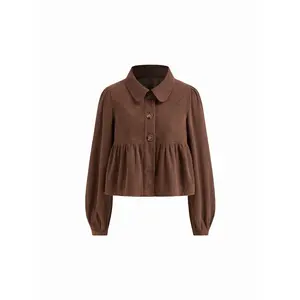 Cider Corduroy Collar Long Sleeve Button Peplum Jacket Dealsforyou