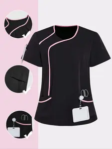 Women's Round Neck Short Sleeve Multi-Pocket Top, Woven, Ideal for Nurses & Beauty Salons, Versatile Spa Workwear Uniforms, Comfortable Fit
