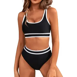 Women's High Waisted Bikini Sets Sporty Two Piece Swimsuits Color Block Cheeky High Cut Bathing Suits High-Waisted