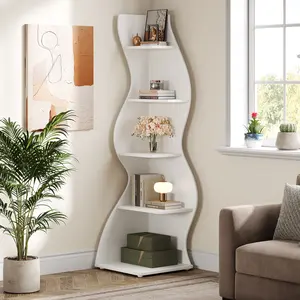 Tribesigns Modern 5-Tier Wall Corner Bookshelf White Stylish Corner Storage Rack for Living Room Home Office Bedroom & Entryway Decor Shelves with Mirrored Surface and Crystal Inlays
