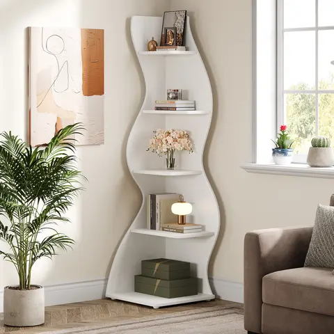 Tribesigns Modern 5-Tier Wall Corner Bookshelf White Stylish Corner Storage Rack for Living Room Home Office Bedroom & Entryway Decor Shelves with Mirrored Surface and Crystal Inlays