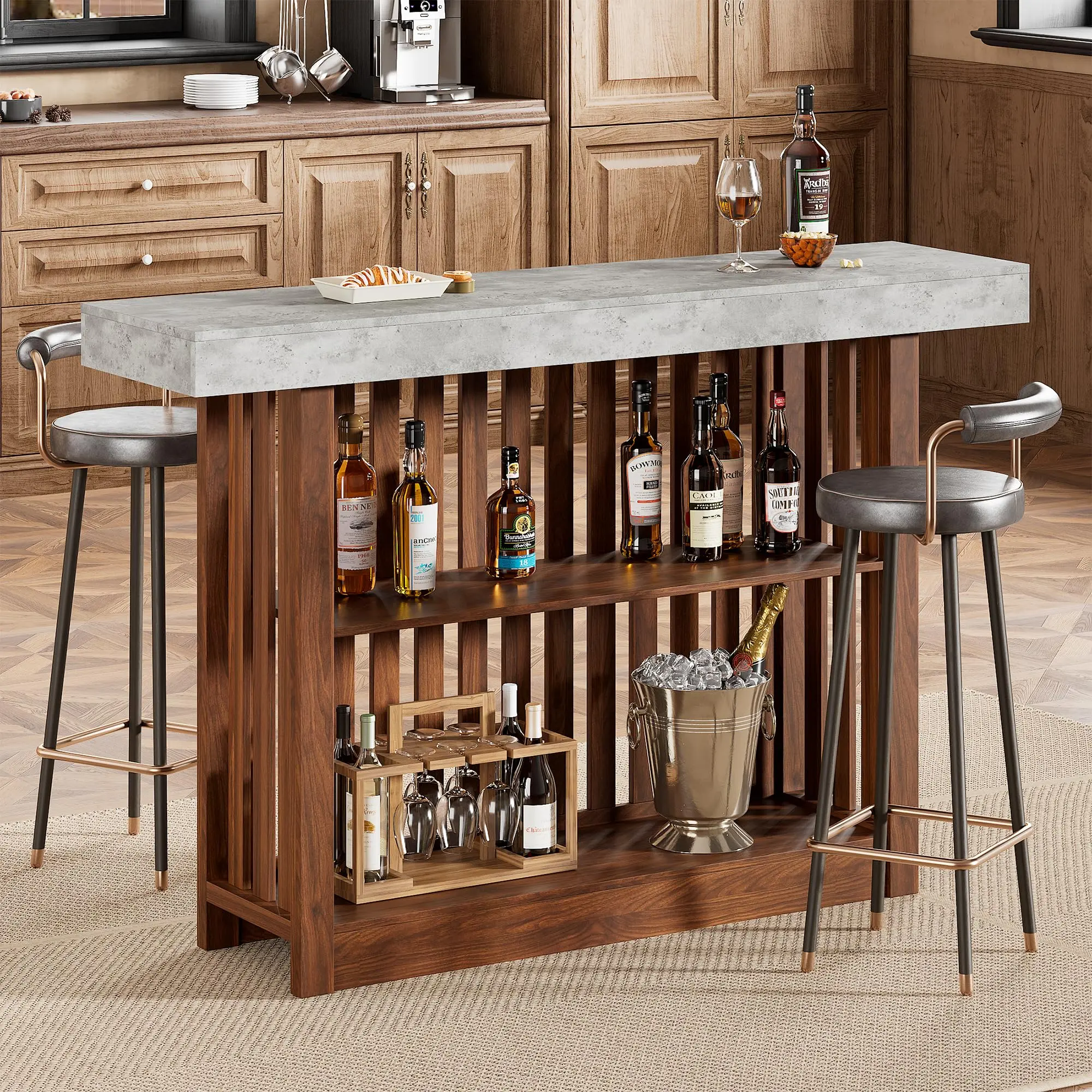 63" Home Bar Unit, 2-Tier Mini Bar Table Height Pub Table with Footrest, Modern Coffee Bar Cabinet for Home Kitchen, Dining Room, Living Room