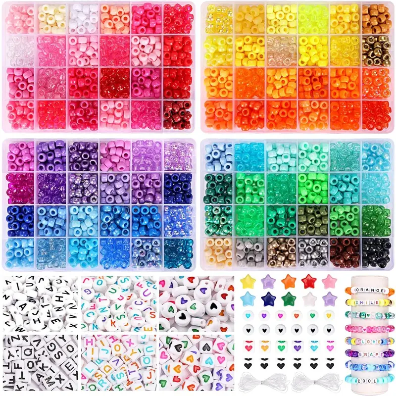 96 Colors 3000 count Pony Beads Bracelet Making Kit Friendship Bracelet Kit Rainbow Kandi Beads with Letter and Heart Beads Elastic Threads for  Necklace Making