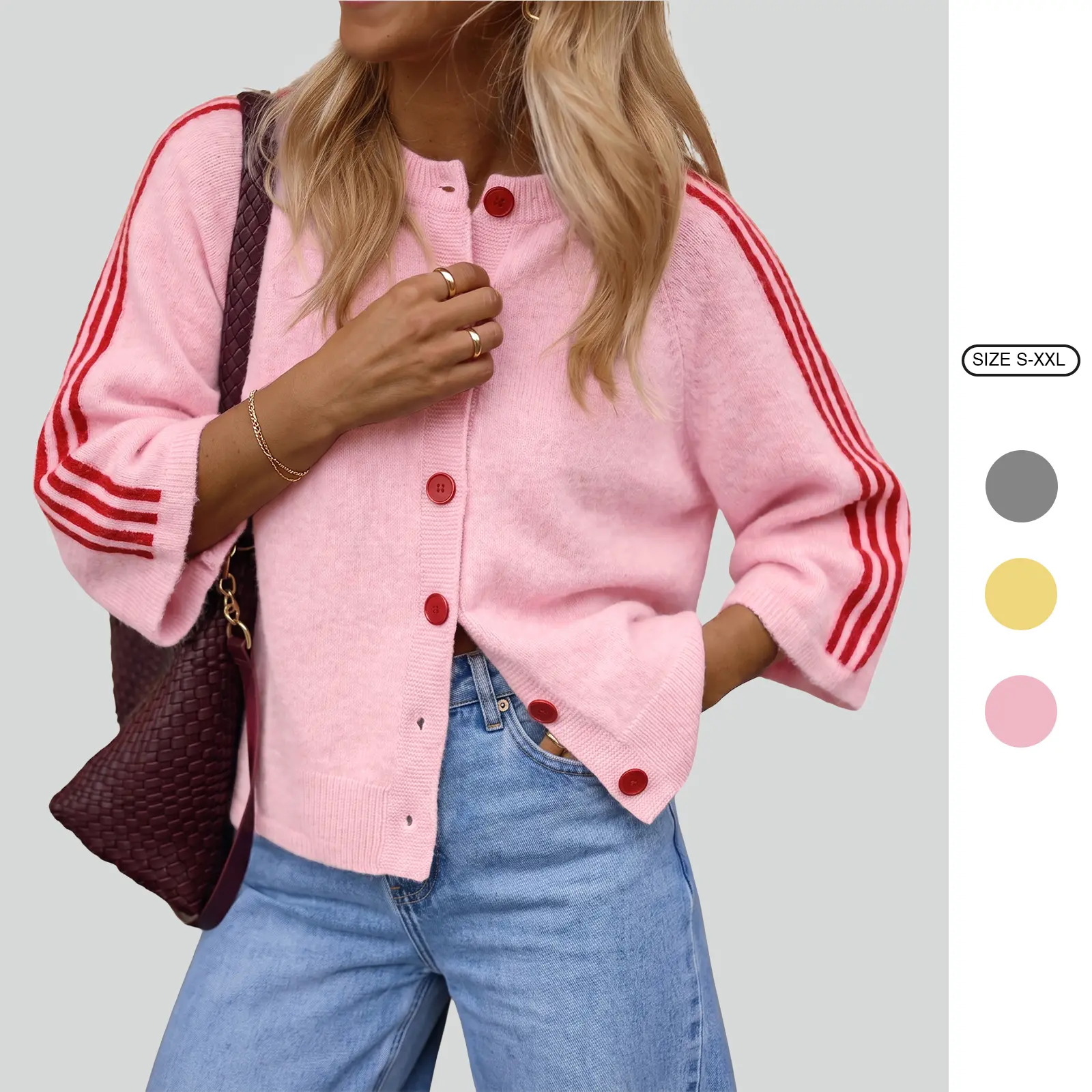 Imily Bela Women Striped 3/4 Sleeve Knit Cardigan Casual Crew Neck Button Down Cropped Sweater Jacket Y2K Fall Outfits Striped Knitted Cardigan Knitting Cardigan