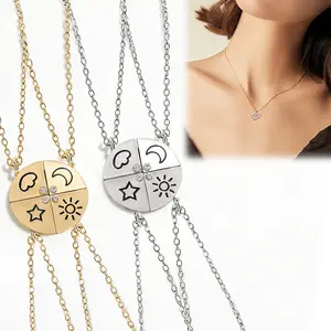 Set of 4 Matching Sun, Moon  Star Cloud Magnetic Necklace, Friendship Puzzle Necklace, Bestie & Sisters Jewelry,  Ideal Friendship Gift with Rhinestone Detail, PBFF Fashion Necklace for All Occasions