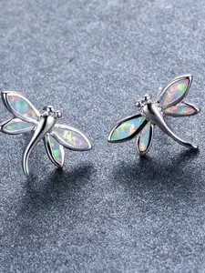 White gold and blue synthetic Aquamarine "Little Dragonfly" ear studs and earrings, a cute and sweet animal-themed ear accessory, Stud Earring Jewelry