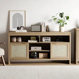 58 Inch Rattan TV Stand, Farmhouse Media Console with 4 Open Drawers and 2 Rattan Door Cabinets, Wooden Entertainment Center with Storage for Bedroom, Living Room