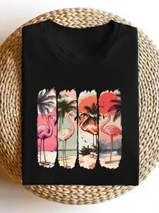 Women's Flamingo Print Round Neck Tee, Casual Fashion Short Sleeve T-shirt for Daily Wear, Ladies Summer Clothes, Top