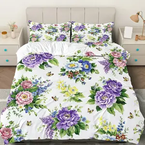 3PCS Duvet Cover Set, 1 Duvet+2 Pillowcases(Without filler), Floral Garden Bloom Butterfly theme, Spring bedding set, Botanical Nature Bedding Suitable for decoration Bedroom, Guest Room, Hotel, Cottage.
