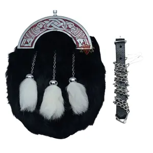 Celtic Heron Rabbit Fur Sporran: Red Cantle, 3 Tassels