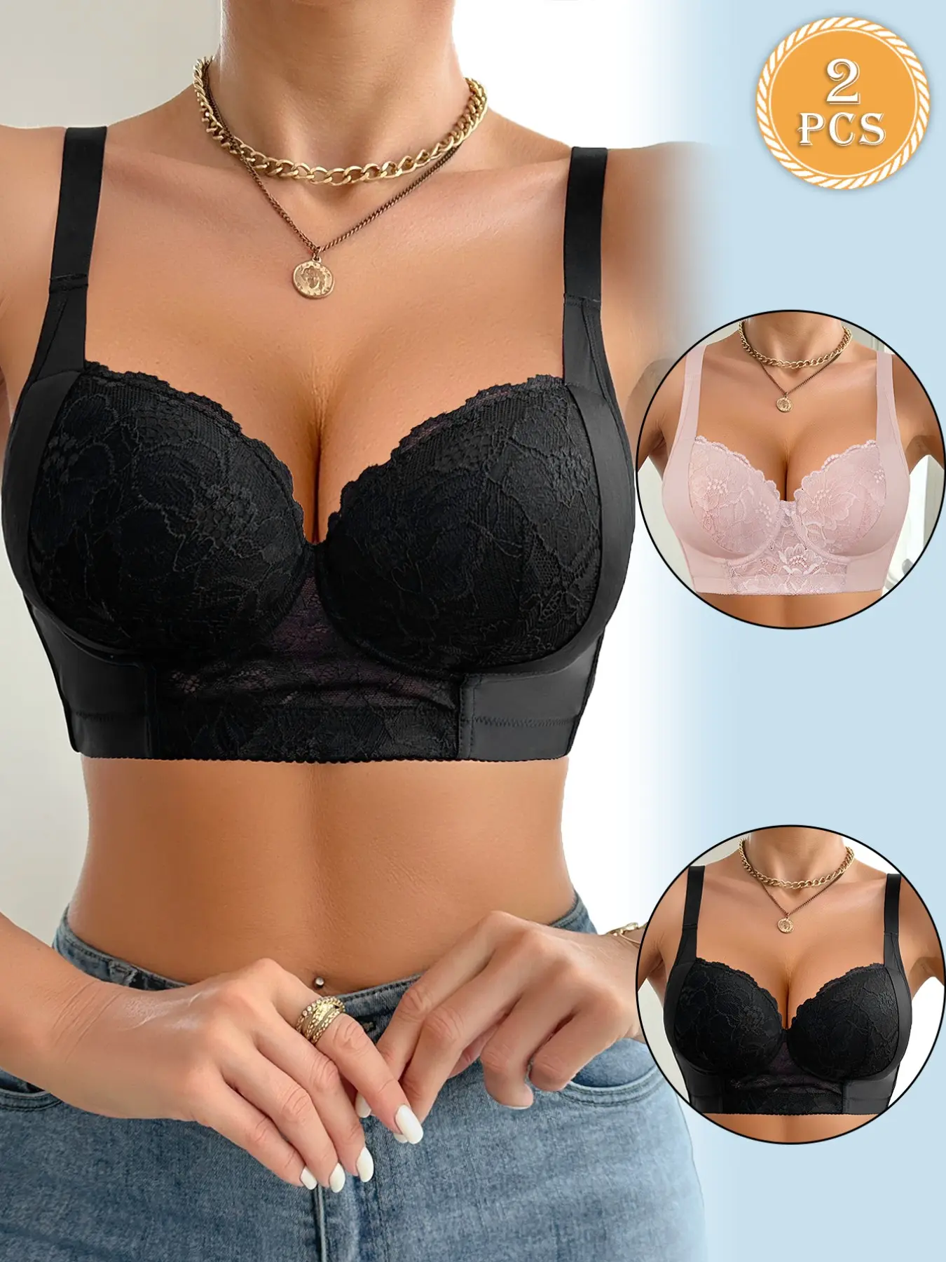 2 Pieces Women's Solid Color Medium Push Up Fit Bra, Comfortable Breathable Lace Bra, Soft Lingerie for All Seasons