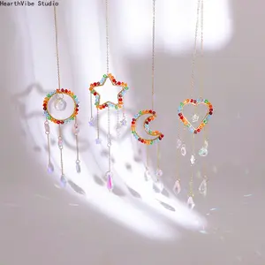 Hanging Crystal Sun Catcher with Moon and Star, Rainbow Maker Prism Ornament for Window, Garden, and Outdoor Home Decor