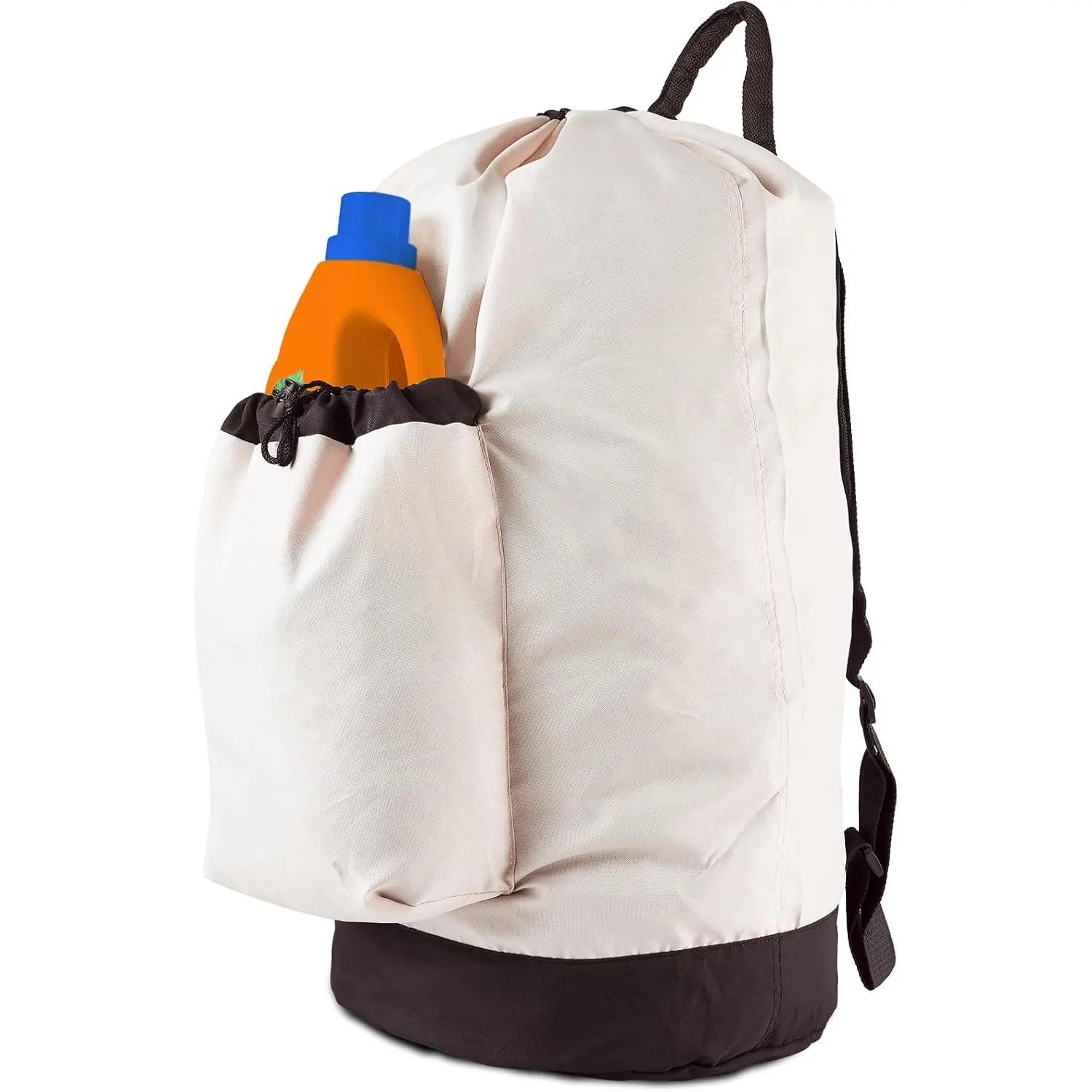 Laundry Bag Backpack with  Straps and Detergent Holder Clothes, Travel Laundry Backpack Bag Hamper for College Dorm Room (Khaki w Brown)