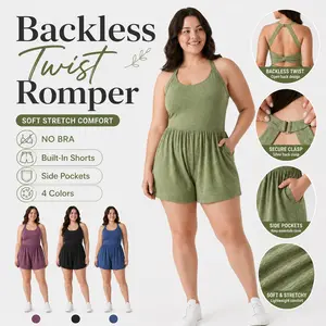 Backless Twist Romper for Women with Built-In Shorts, NO BRA, Side Pockets, Soft Stretch Sleeveless 2-in-1 Summer Resort Romper for Casual, Sport & Vacation Wear, summer hairstyles, outdoor furniture set, 4th of july outfits