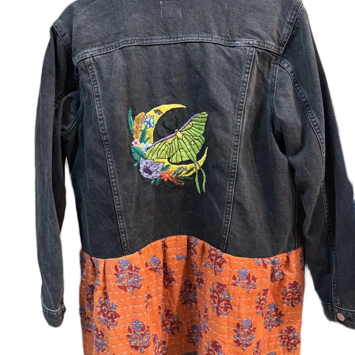 Upcycled Black Denim Jacket Luna Moth & Moon hand embroidered Kantha Ruffle Bottom XL Coats