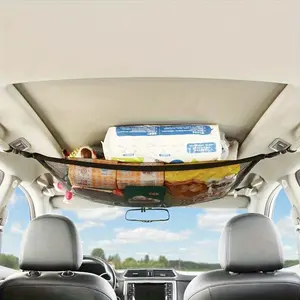 Car Ceiling Cargo Net Pocket Adjustable Ropes Double-Layer Mesh SUV Roof Organizer Long Trip Storage Bag, Tent Putting Quilt Children's Toy Towel Sundries