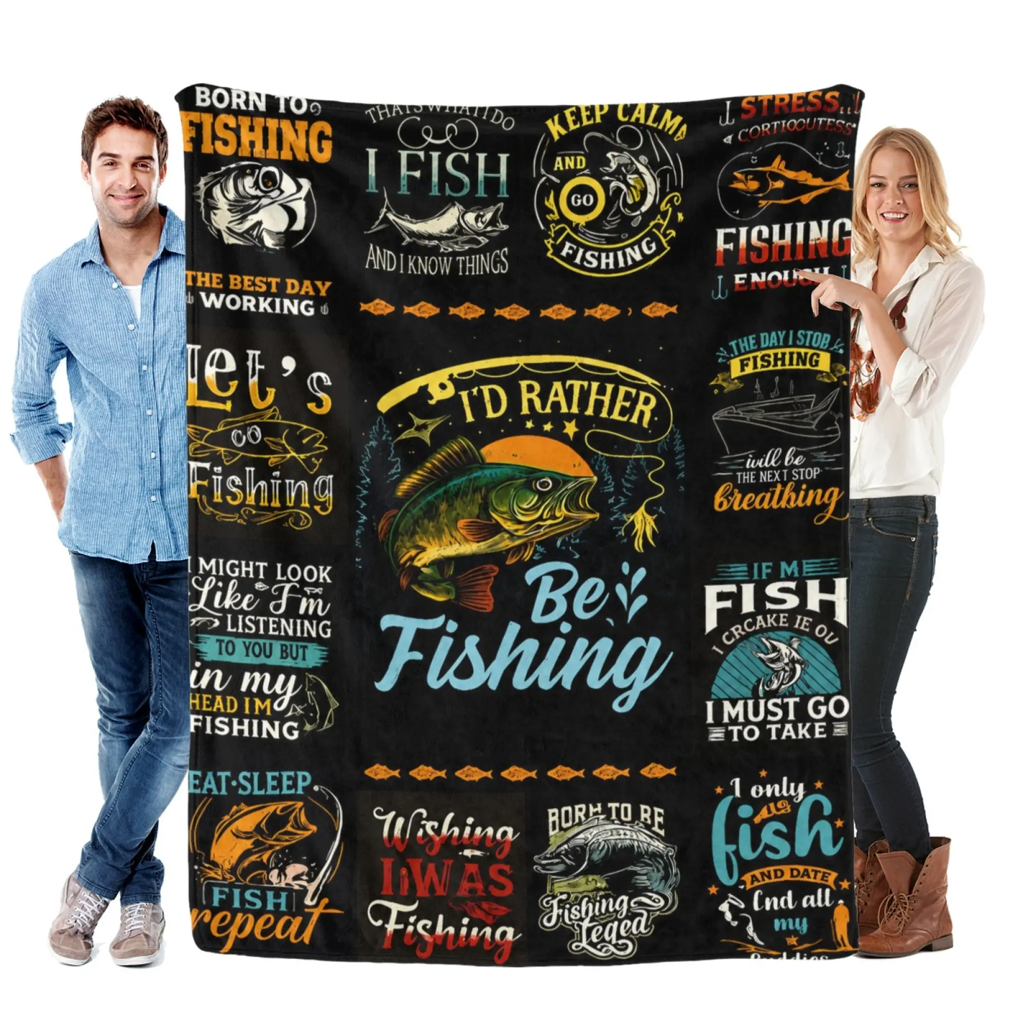 Vintage Fishing Quote Bass Fish Patchwork Flannel Throw Blanket, Soft Fuzzy Plush Blanket for Couch Cabin Lodge, All Season Cozy Warm, Perfect Gift for Angler Fishermen, Rustic Outdoor Hunting Lake Themed Bedroom Living Room Home Decor