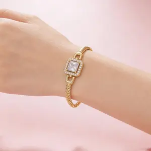Dainty Gold Herringbone Bracelet for Women - 14K Gold Plated with Sparkling Square CZ Stone, 20CM/7.87"  Minimalist Luxury Jewelry for Bridal, Birthday, Anniversary Gift
