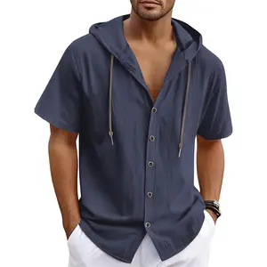 Summer Men's Solid Color Cotton Linen Cardigan Trendy Versatile Loose Casual Short Sleeve Hoodie