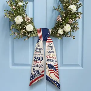 Personalized America 250th Wreath Bow, Custom Family Name Patriotic Door Sash, Proud To Be American Front Door Decor