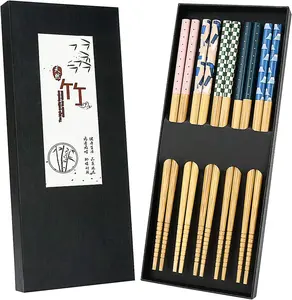 5 Pairs Japanese Natural Bamboo Chopsticks with Unique Print, Reusable Chopstick Gift Set for Sushi Rice Noodles, Chinese Tableware Washable for Dishwasher, 8.85 Inches Length Cutlery Bbq Lightweight