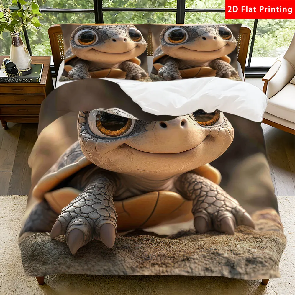 2/3 Pcs 2D Flat Adorable Turtle Duvet Cover Set Turtle Bedding Set Quilt Cover 1 Duvet Cover + 1/2 Pillowcases Turtle Top Sheet Decorative Bedding Bedroom Decor