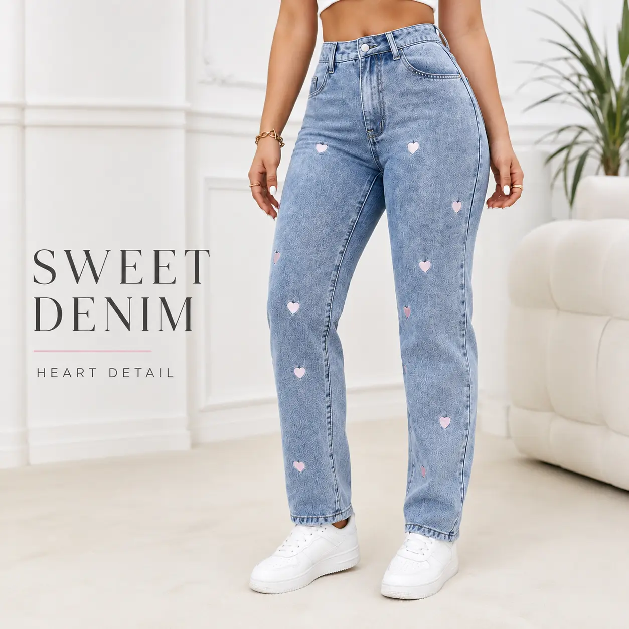 Women’s High Waisted Heart Embroidered Straight Leg Jeans, Light Blue Wash Denim Pants with Cute Pink Heart Details, High Rise Casual Jeans for Women, Y2K Sweet Girl Streetwear Travel Weekend Everyday Fashion Denim Bottoms