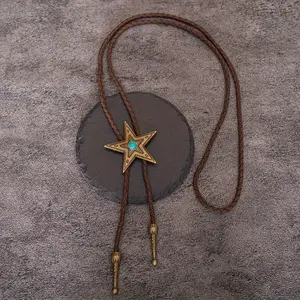 1 piece of retro bolo tie collar rope, in the style of Western cowboys. It is a bolo leather rope necklace with natural blue turquoise and a long necklace with a five-pointed star.