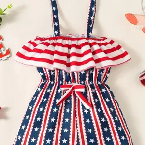 Ready Stock 8-12Y Big Girls Summer American Flag Star Front Bow Waist Straps Dress 22403991
