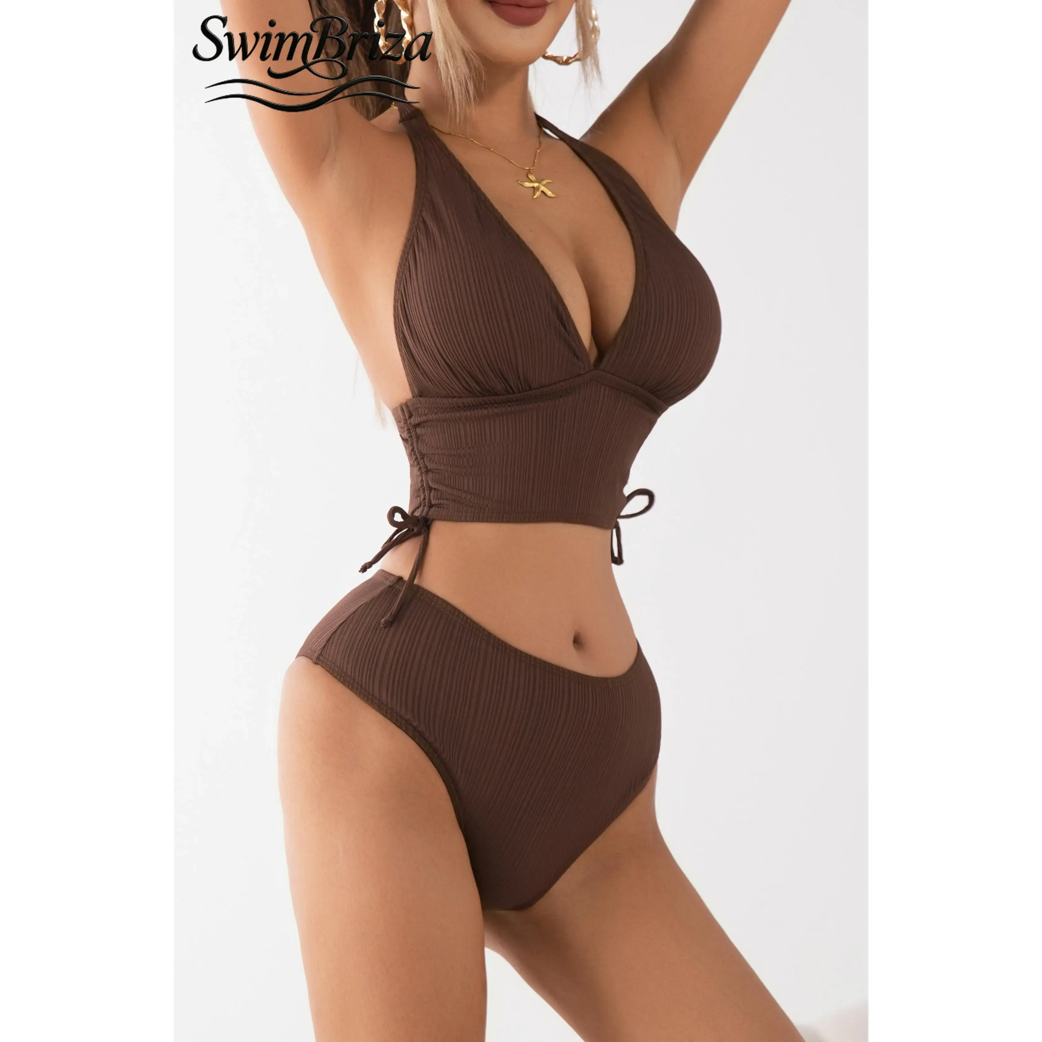 Briza｜ Women's Ribbed Halter Bikini Set Two Piece Swimsuit Plunge V Neck Longline Top Ruched Side Tie Bathing Suit