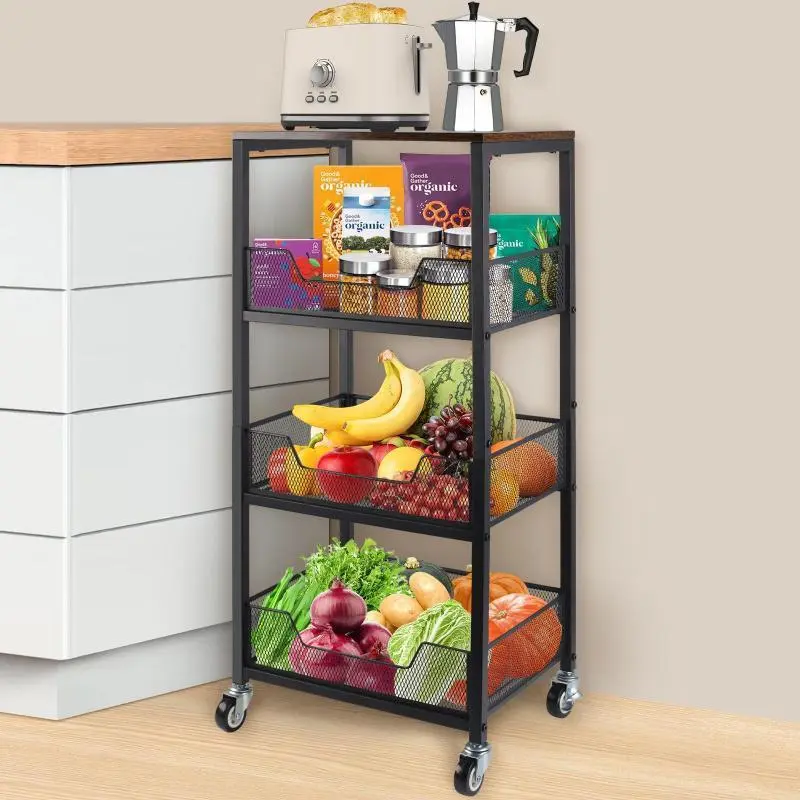 3-Tier Rolling Kitchen Utility Cart with Wood Top & Mesh Baskets - Mobile Storage for Fruits, Vegetables, Pantry, Laundry & More