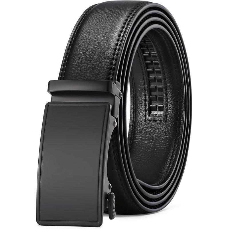 Men's Leather Belt Automatic Ratchet Buckle Slide Belt for Dress Casual Trim to Fit High-Quality Leather Strap & Alloy Buckle Classic Design
