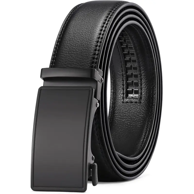 Men's Leather Belt Automatic Ratchet Buckle Slide Belt for Dress Casual Trim to Fit High-Quality Leather Strap & Alloy Buckle Classic Design