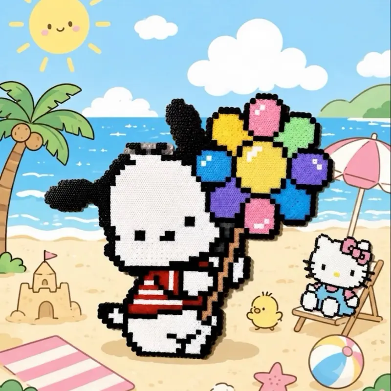 Hand-Made Pochacco Holding Balloons Perler Magnet