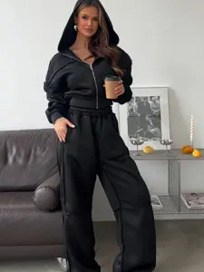 Exposed Stitching Distressed Zip Up Oversized Loose Fitting Casual Sweater and Pant Set Womenswear