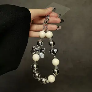 Heart Bead Phone Case Lanyard Keychain Aesthetic Bow Phone Charm Accessories for Girls Cute Keyring for Phone Case Purse Backpack for iPhone for Samsung Cellphone Smartphone