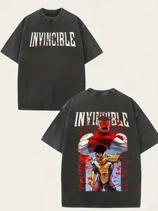 Men's Washed Street Style Brand, Oversized T-Shirt  Invincible Comic Characters And Text Patterns Front And Back Print, Retro Heavyweight T-Shirt, Perfect Gift, Loose Casual, Breathable, Machine Washa
