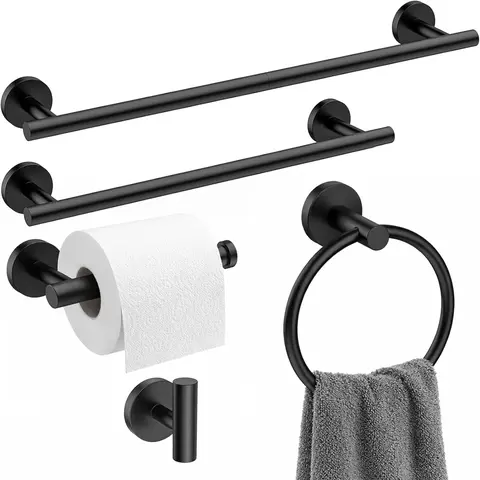 Durable 5-Piece Matte Black Stainless Steel Wall-Mounted Indoor Bathroom Fixture Complete Kit - Round & Rect Design, 16-in Bar, Toilet Paper Holder, Towel Ring, Hook, 22-33lbs Load Capacity