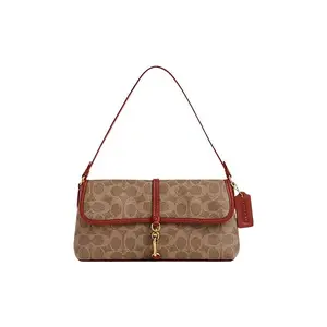 Coach Hamptons 26 Classic Monogram Shoulder Bag with Turn-Lock Closure and Quilted Stripe Pattern in Synthetic Leather, Medium Size for Women in Tan and Rust Red