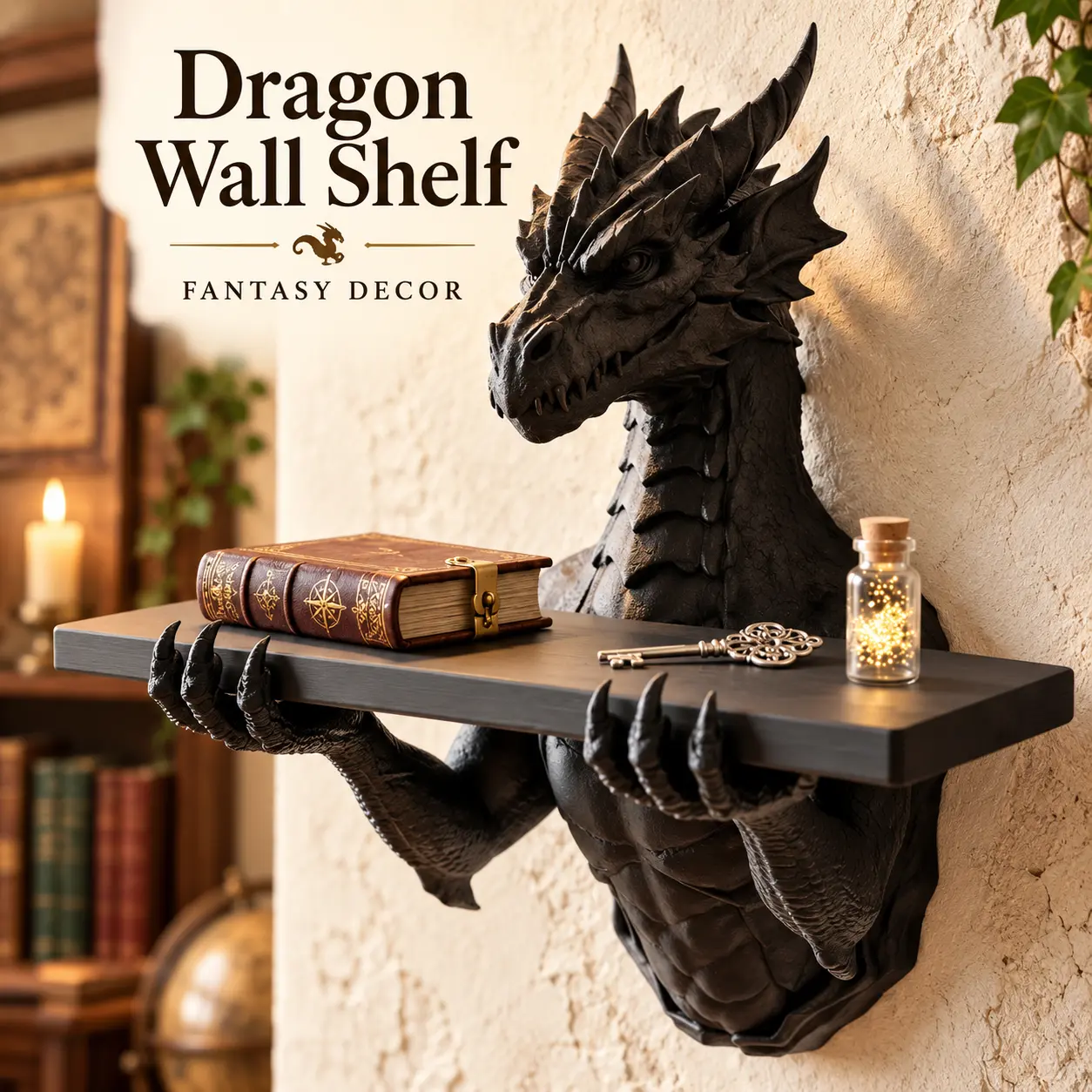 Black Dragon Wall Shelf, Fantasy Dragon Head Floating Shelf for Books, Keys, Crystals & Small Decor, Gothic Home Accent for Bedroom, Reading Nook & Unique Gifts